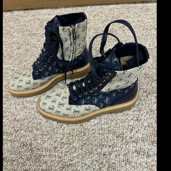 Jimmy Choo Jacquard Monogram Calfskin Cora Flat Combat Women Boots Sand Dune 39 - Picture 3 of 9